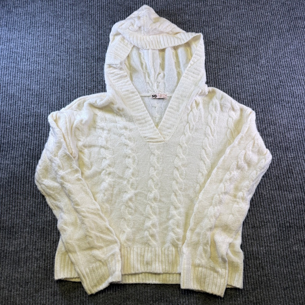 SO CABLE KNIT HOODED SWEATER S CREAM ACRYLIC BLEND V-NECK LONG SLEEVE PULLOVER